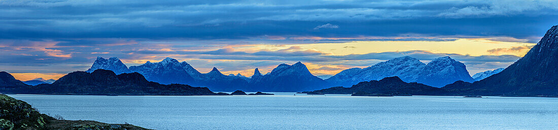 Panorama with North Atlantic Ocean and mountains with Hamnesfjellet, Middagstinden, Hansbakkfjellet, Eldridtinden, Vassengfjellet, Nordlandsfjellet and Vagsfjellet, Svolvaer, Lofoten, Norland, Norway