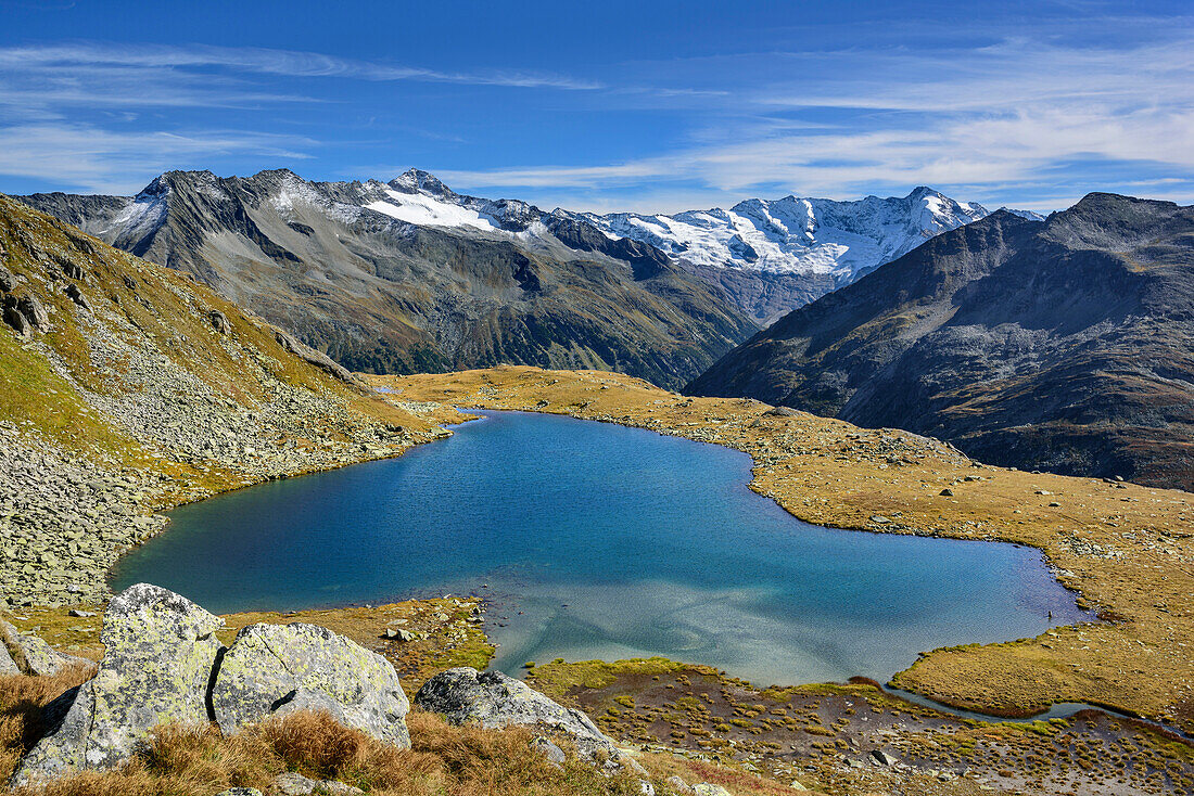 Rainbachsee mit Schlieferspitze und Dreiherrenspitze, Naturpark Zillertaler Alpen, Dreiländertour, Zillertaler Alpen, Salzburg, Österreich