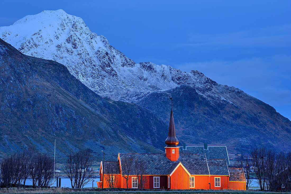 Illuminated church of Flakstad, Flakstad, Lofoten, Norland, Norway