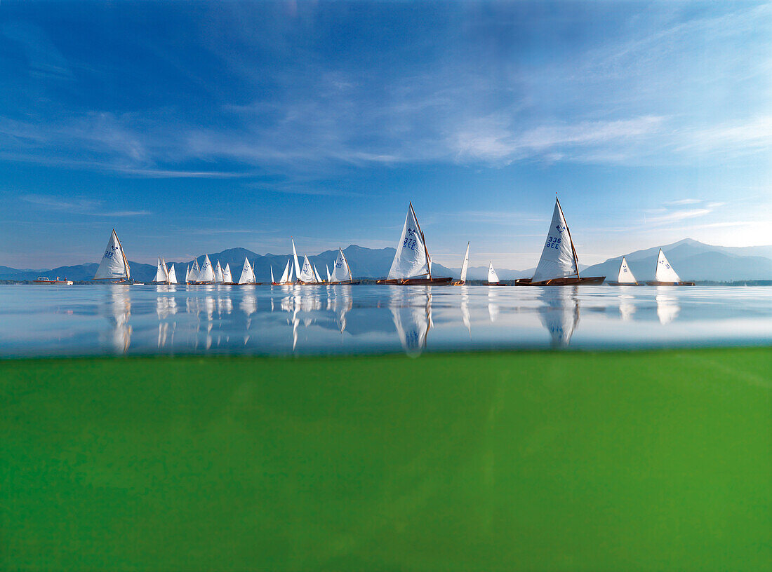 'Sailing Race on Lake Chiemsee, classic wooden sailboats called ''Chiemseeplaetten'', Chiemsee, Bavaria, Germany'