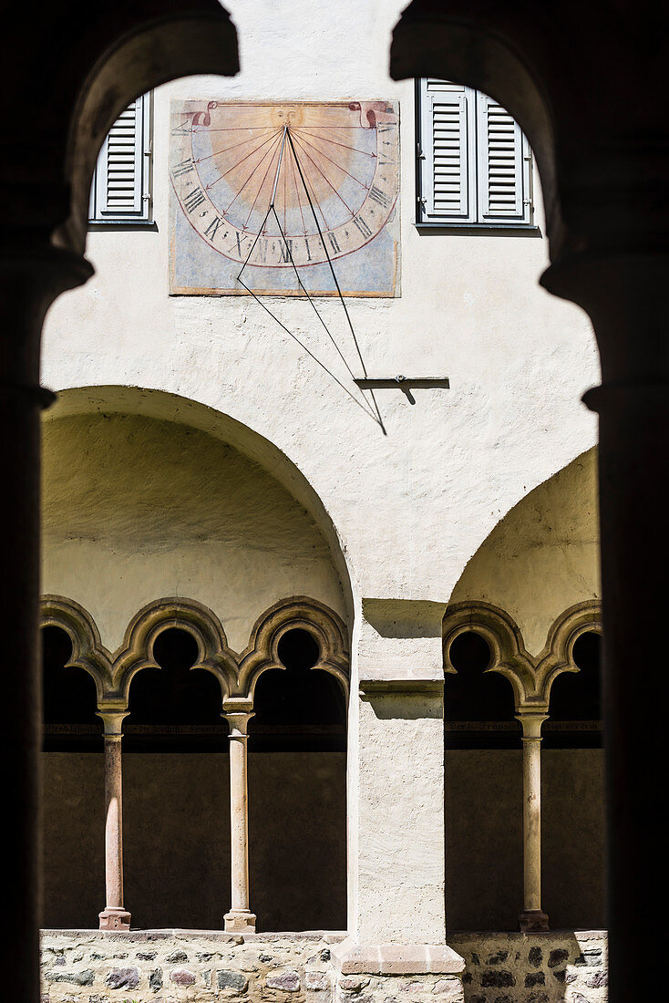The sundial in the courtyard of the Franciscan cloister, Bolzano, South Tyrol, Italy