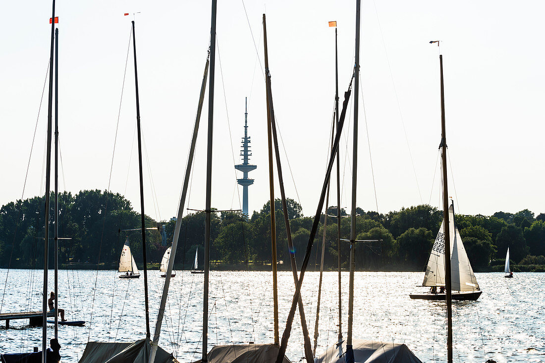 Sailing boats on lake Aussenalster with television tower in the background, Hamburg, Germany