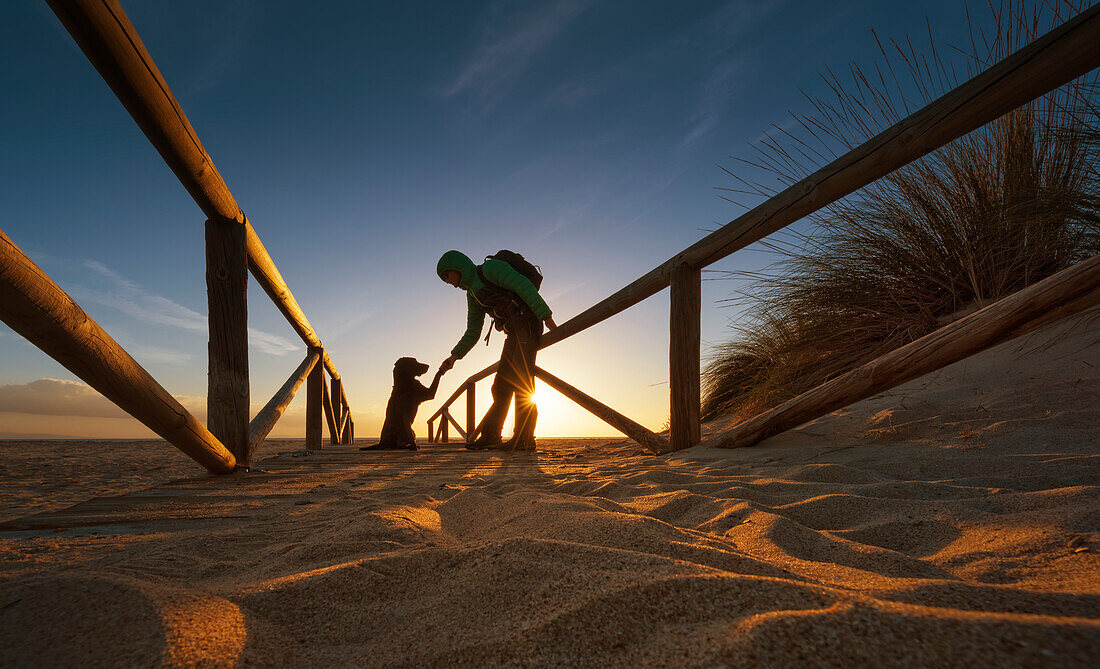 A hiker with backpack stoops to shake a paw with a dog on a sand path leading to the beach, Tarifa, Cadiz, Andalusia, Spain