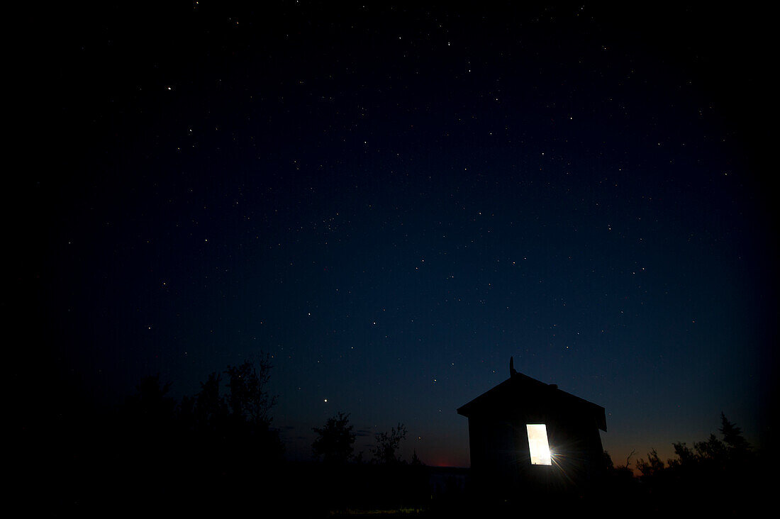 Shelter at the peak of Narrow Hills scenic route hilltop at night, Narrow Hills Provincial park, Saskatchewan, Canada