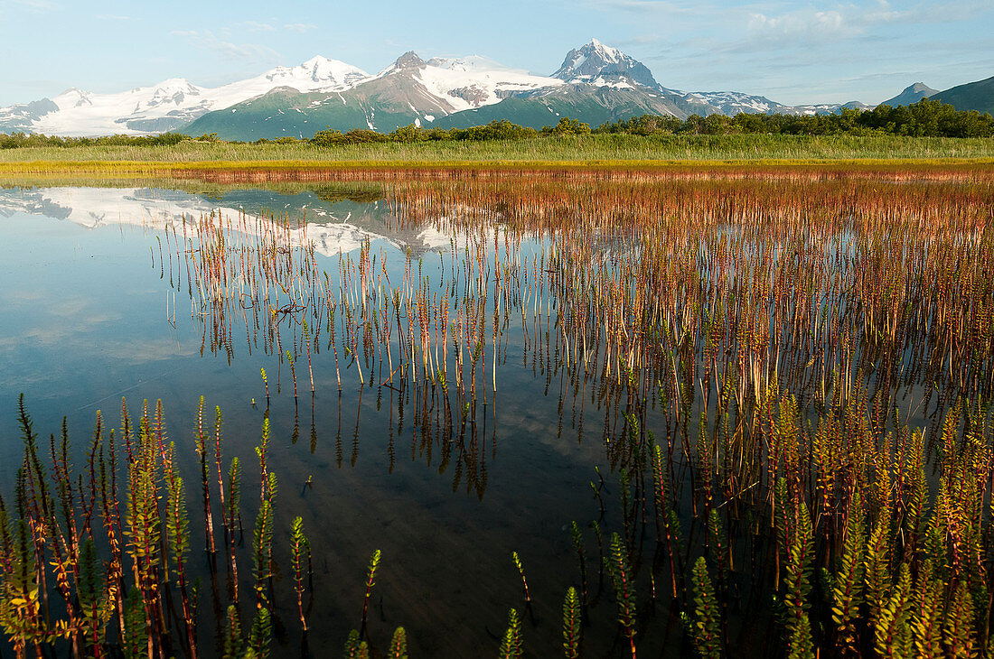 Alaska landscape with mountains reflected in the tranquil water, Katmai National Park, Alaska, United States of America