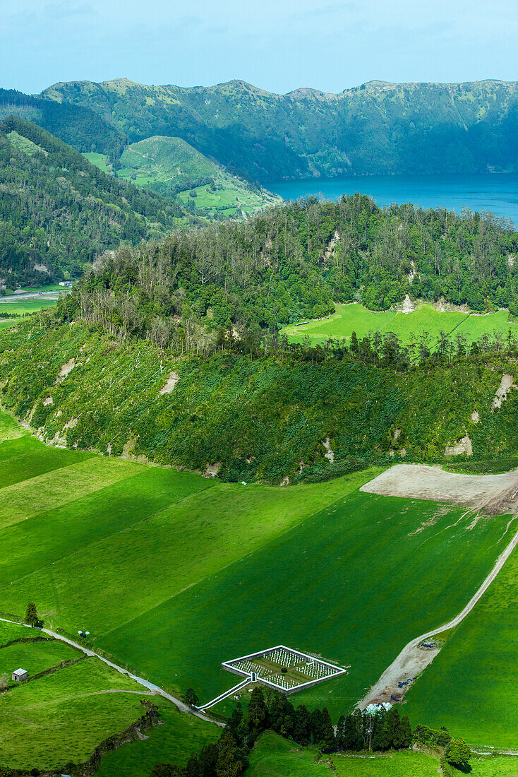 View of a green crater in Sete Cidades, Ponta Delgada, Sao Miguel, Azores, Portugal