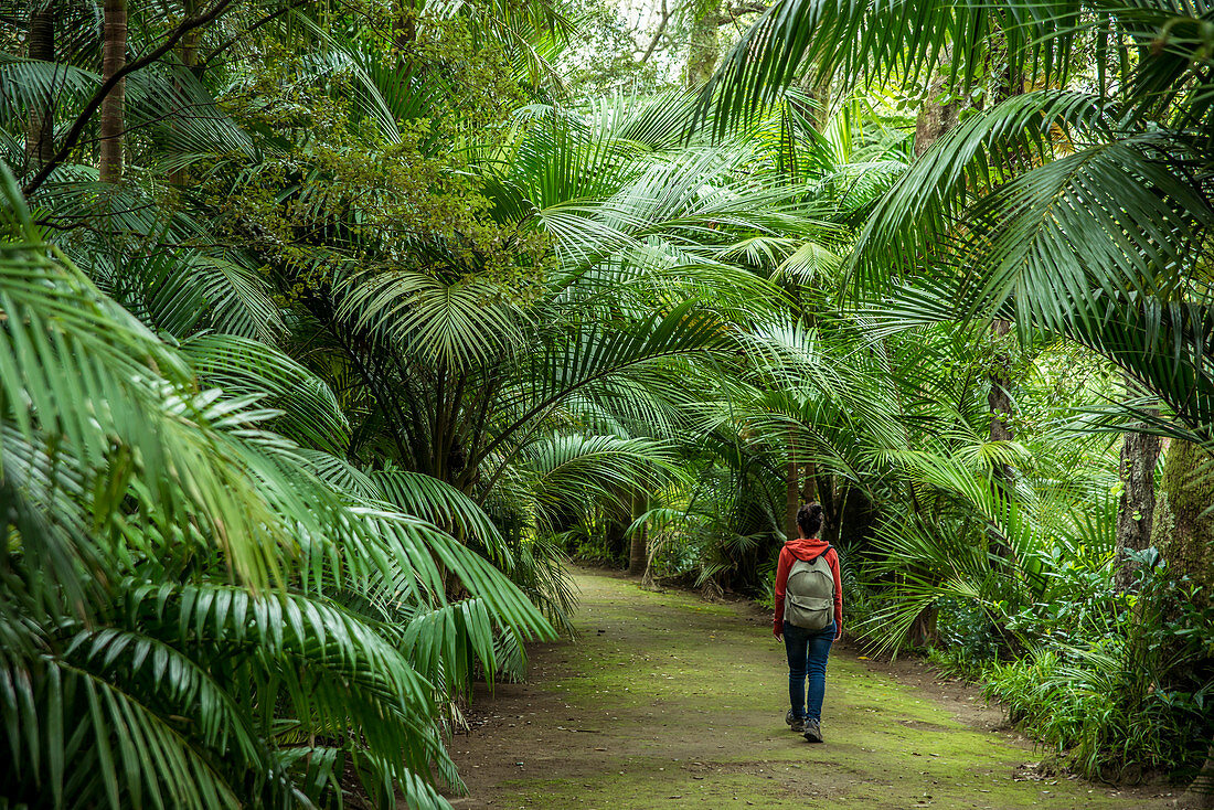 Young woman walking in Terra Nostra Botanical Park, Furnas, Sao Miguel, Azores, Portugal