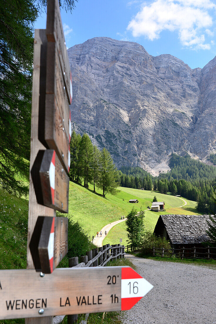 Hikingsignes under the Fanes near Wengen/La Valle, Val Badia, Dolomite Alps, South Tyrol, Italy