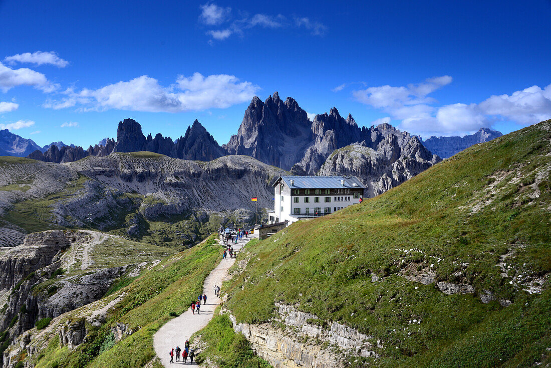Auronzo hut at the three Zinnen, Dolomite Alps, Veneto, Italy