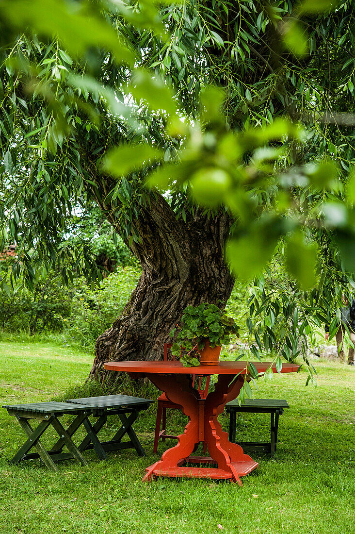 Roter Gartentisch unter einer Weide im Garten von Schwedens berühmtesten Maler Carl Larsson, Sundborn, bei Falun, Dalarna, Schweden