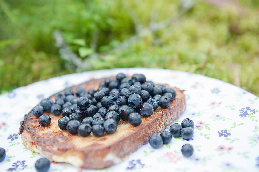 Close up eines in Butter gerösteten Toasts mit frisch gesammelten Blaubeeren, Trollegater, Kinda, Östergötland, Schweden