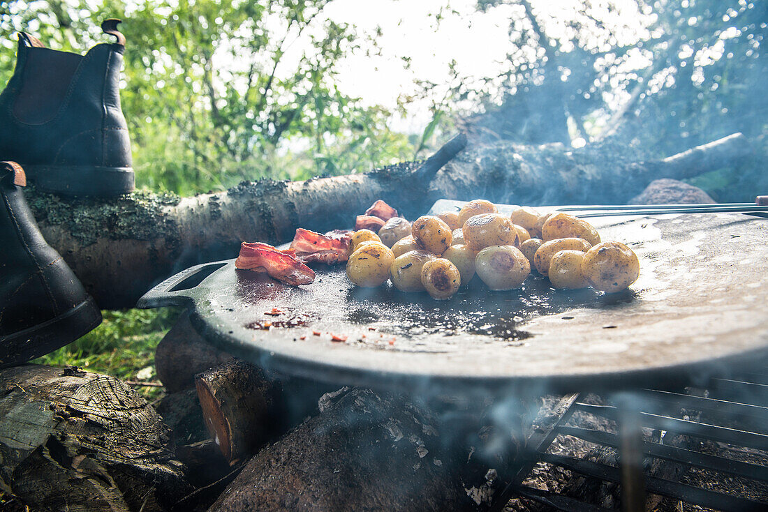 Close up of a frying pan on a campfire with roasted bacon and potatoes, Lake Vanern, Vastergotland, Sweden