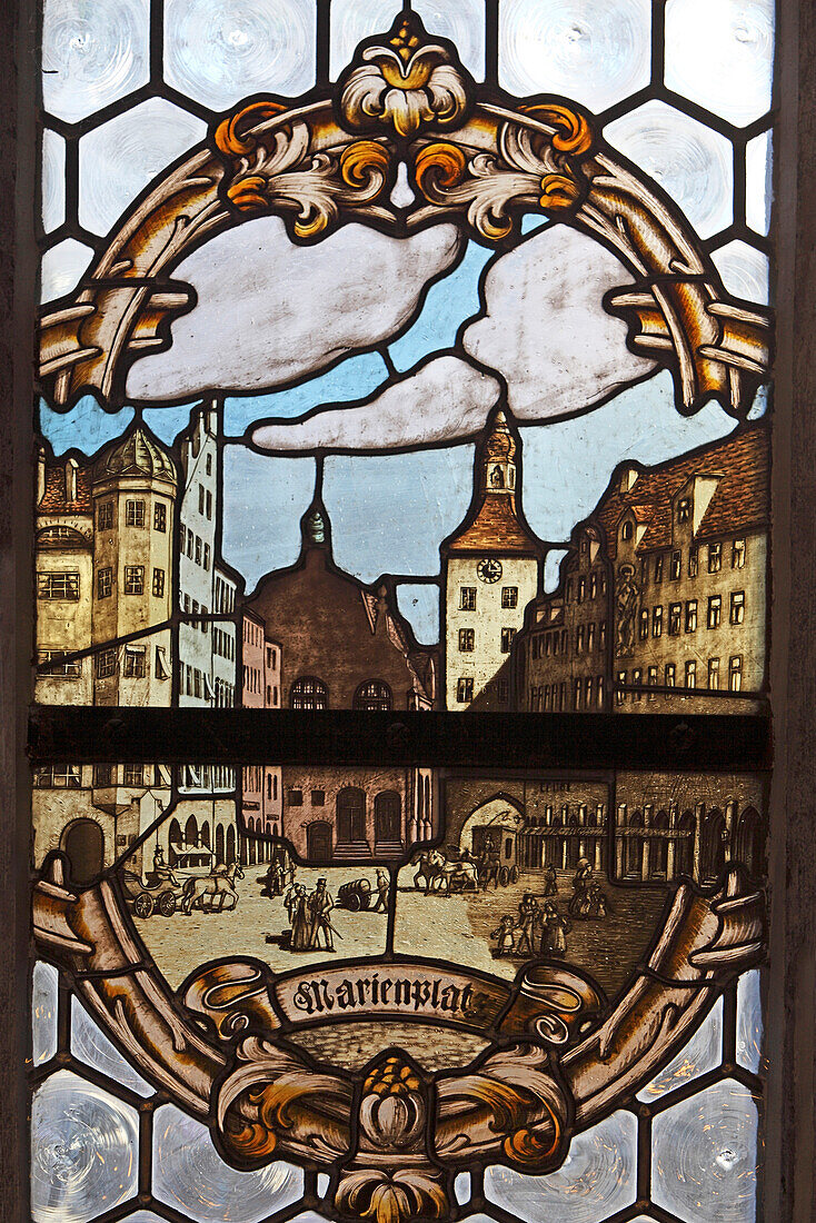 Lead glazing with picture of the old city hall, Neues Rathaus, Munich, Bavaria, Germany