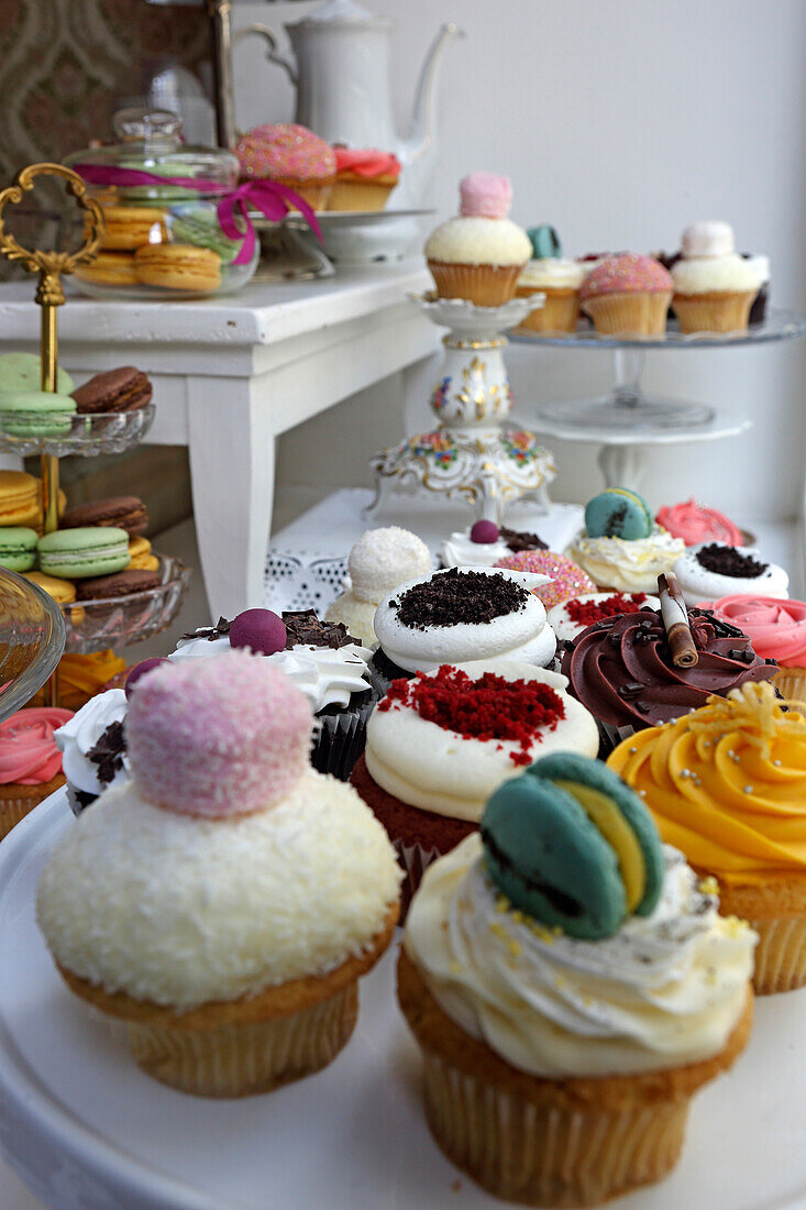 Cupcakes and Macarons in the window of Wir machen Cupcakes, Utzschneiderstrasse, Munich, Bavaria, Germany