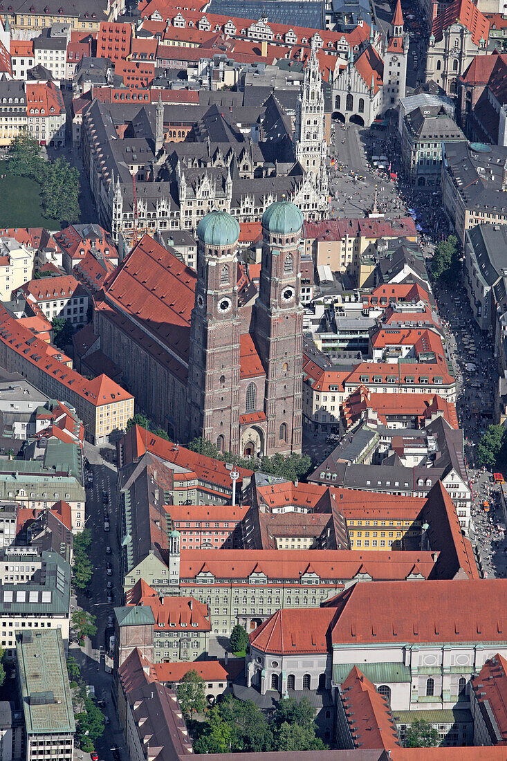 Aerial of Frauenkirche and Marienplatz, Munich, Bavaria, Germany
