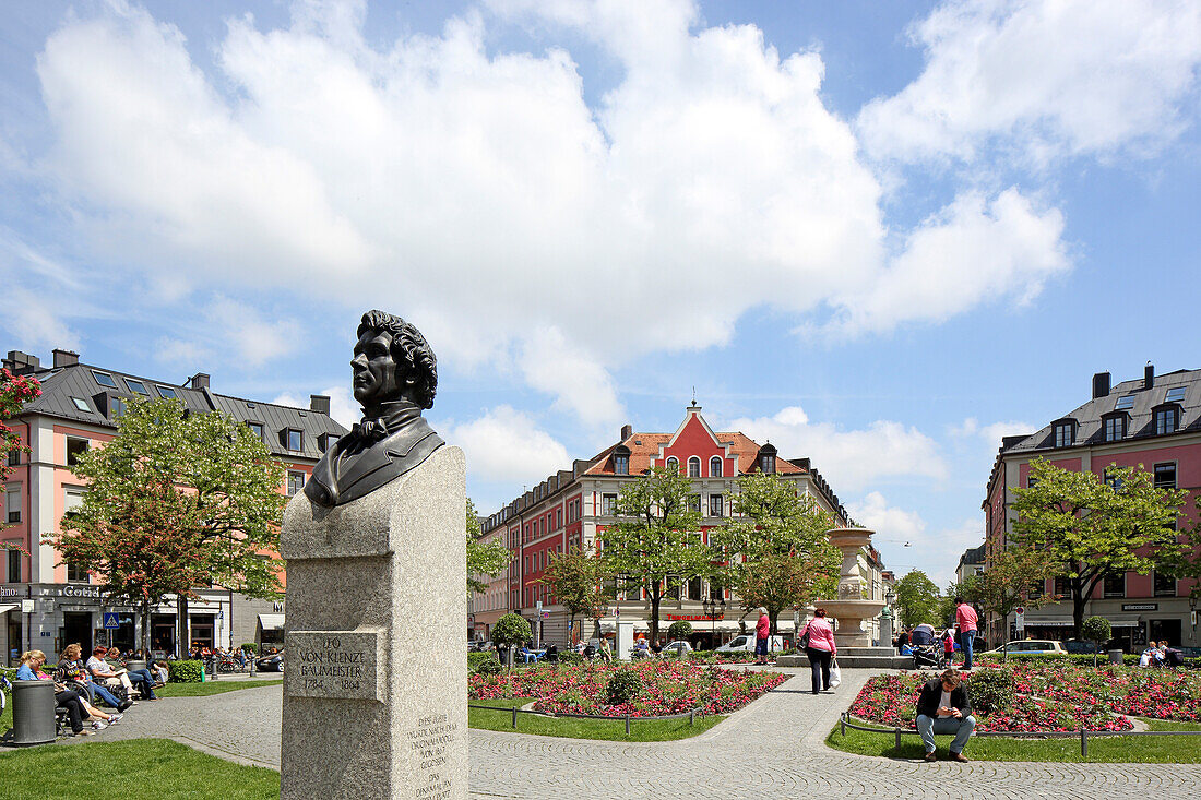 Gaertnerplatz with the bust of Leo von Klenze, Munich, Bavaria, Germany