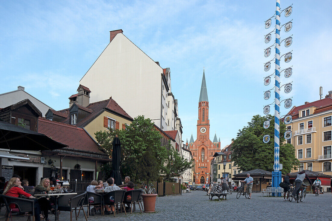 Wiener Platz with may pole, Haidhausen, Munich, Bavaria, Germany