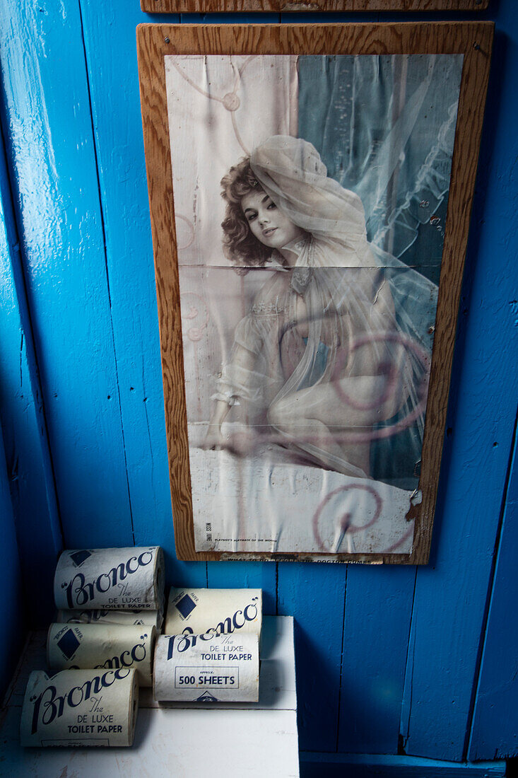 Miss Juni 1965 aus dem Playboy hängt an Wand der historischen Toilette im Museum der Port Lockroy British Antarctic Survey Station, Port Lockroy, Wiencke Island, Grahamland, Antarktische Halbinsel, Antarktis