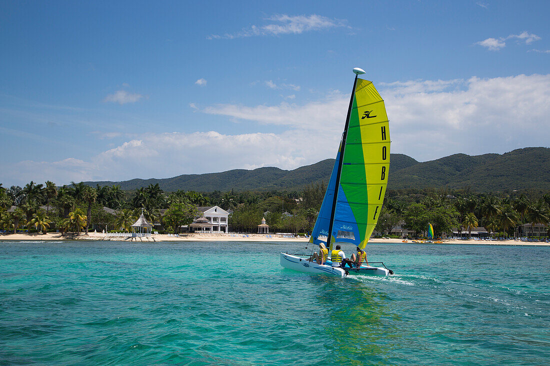 Hobie Cat sailboat watersports activity in Caribbean Sea at Half Moon Resort Rose Hall, near Montego Bay, Saint James, Jamaica