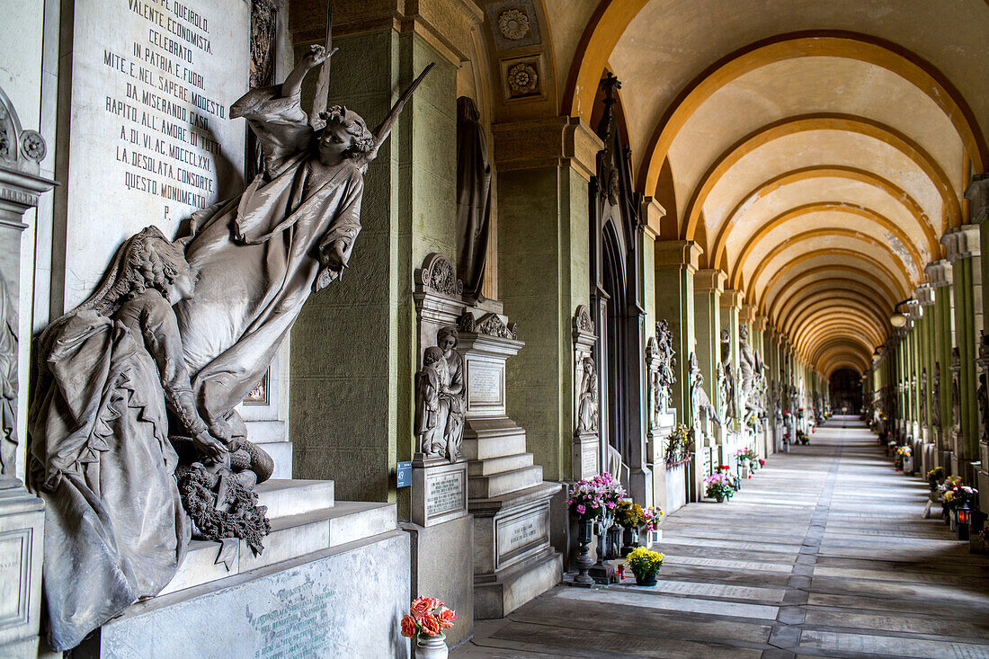 sculptures, Colonnade, Monumental Cemetery of Staglieno, nobody, Genoa, Liguria, Italy