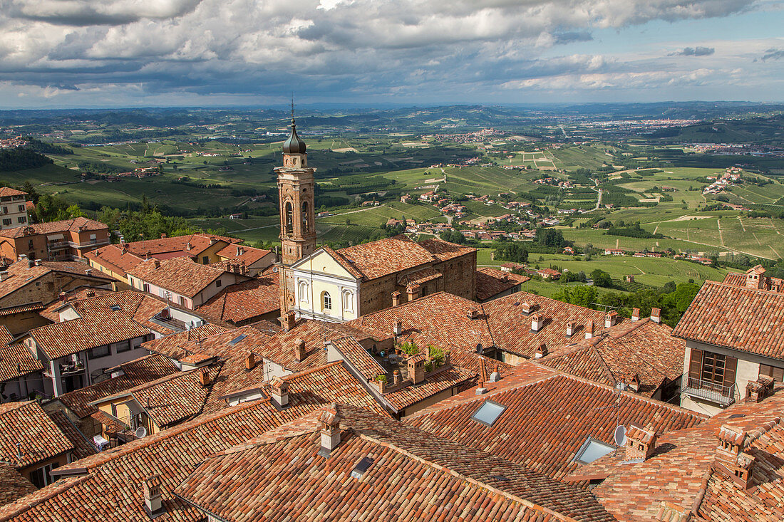 panoramic view of La Morra from bell tower, vineyards in the Langhe landscape in Piedmont, Italy