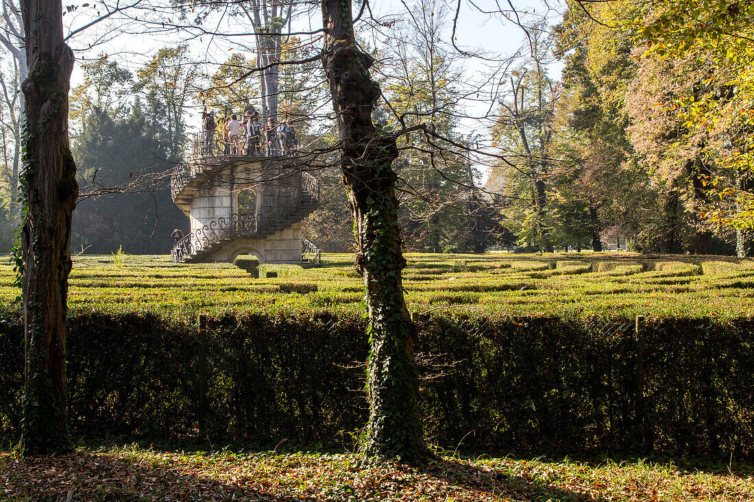 garden tower in maze, Villa Pisani, Brenta Canal, Stra, Veneto, Italy