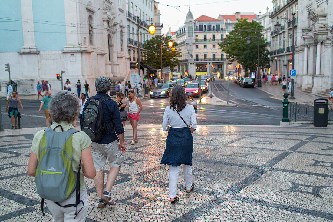 tourists, mosaic pavement, Lisbon, Portugal