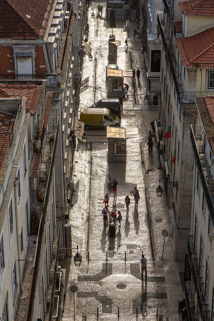 early morning view from elevador Santa Justa, pavement, pedestrian, Lisbon, Portugal