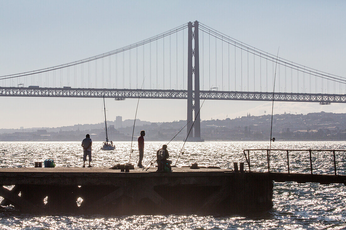 fishing, yacht, 25th April Bridge, suspension bridge, Tagus River, Lisbon, Portugal