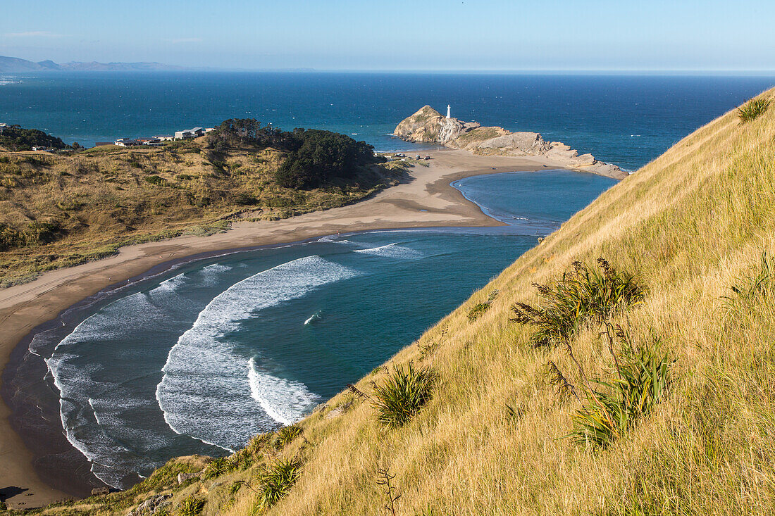 Castlepoint, beach, bay, waves, surf, limestone reef, lagoon, landscape seen from Castle Rock, Wairarapa Coast, Pacific Ocean, North Island, New Zealand