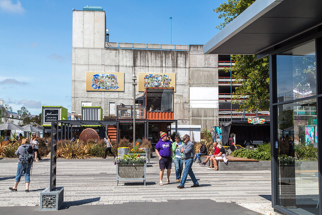 Container-Architektur nach dem Erdbeben, Re-Start Mall, im zerstörten Zentrum von Christchurch, Südinsel, Neuseeland