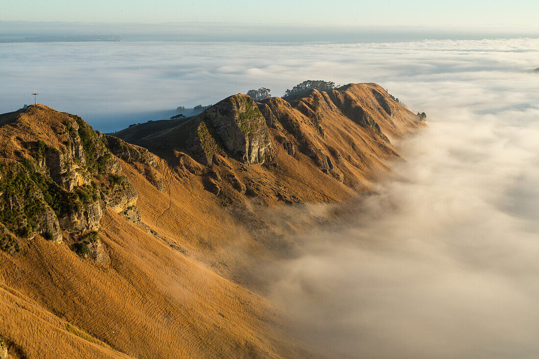 Sonnenaufgang mit Bodennebel im Tuki Tuki Valley, dramatische Nebelzungen zwischen brauner Hügellandschaft, Weideland, Nebelmeer, Blick vom Felskamm des Te Mata Peak über das Hinterland, Hügellandschaft der Hawkes Bay, Havelock North, Nordinsel Neuseeland