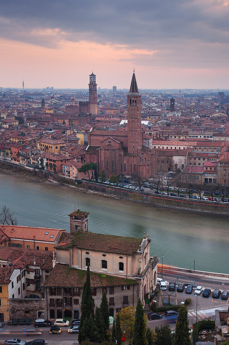 View from Castel San Pietro over the oldtown of Verona with the towers of the church Santa Anastasia (right) and the Torre dei Lamberti (left) on the Adige, Veneto, Italy