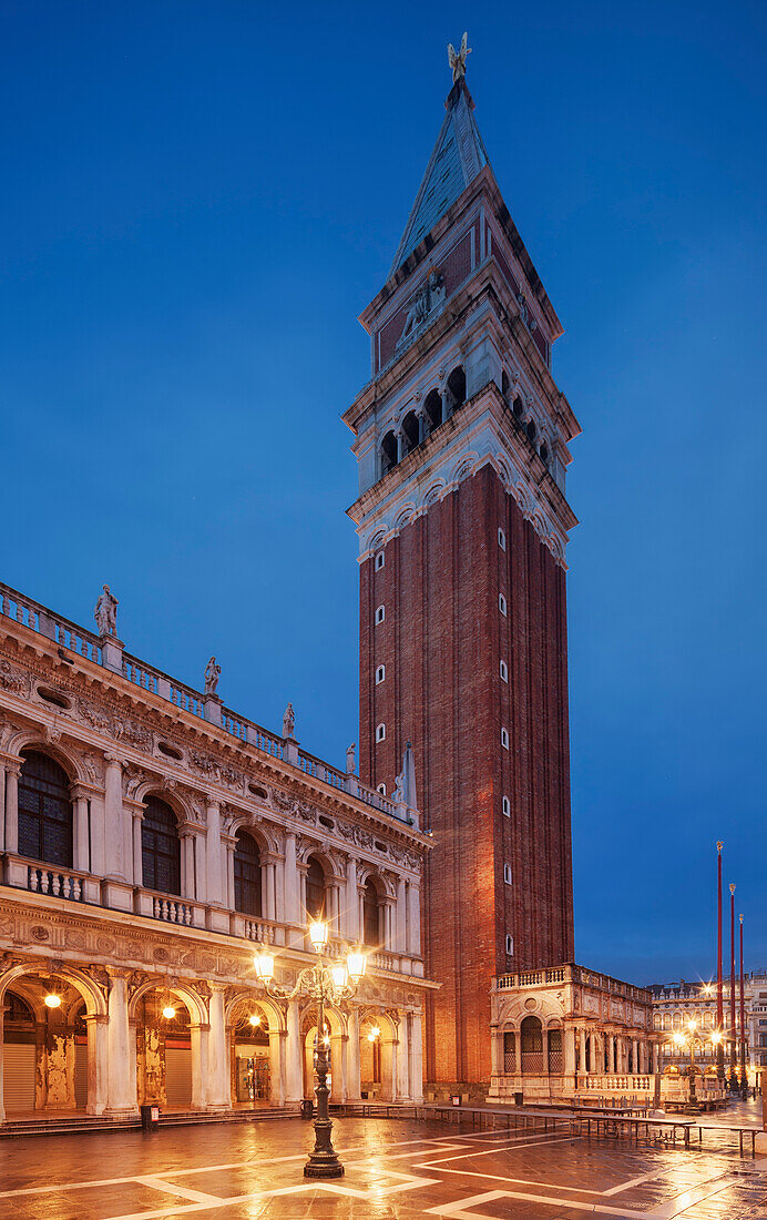 Blick über den Markusplatz mit dem beleuchteten Markusturm dem Glockenturm des Markusdom im Blau der Nacht, San Marco, Venedig, Venezien, Italien