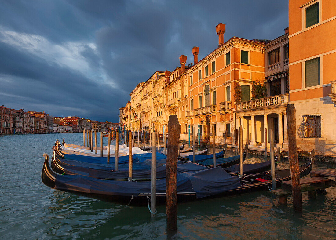 Blick über den Canal Grande mit Gondeln in der Morgensonne und dramatischen Wolken, San Marco, Venedig, Venezien, Italien