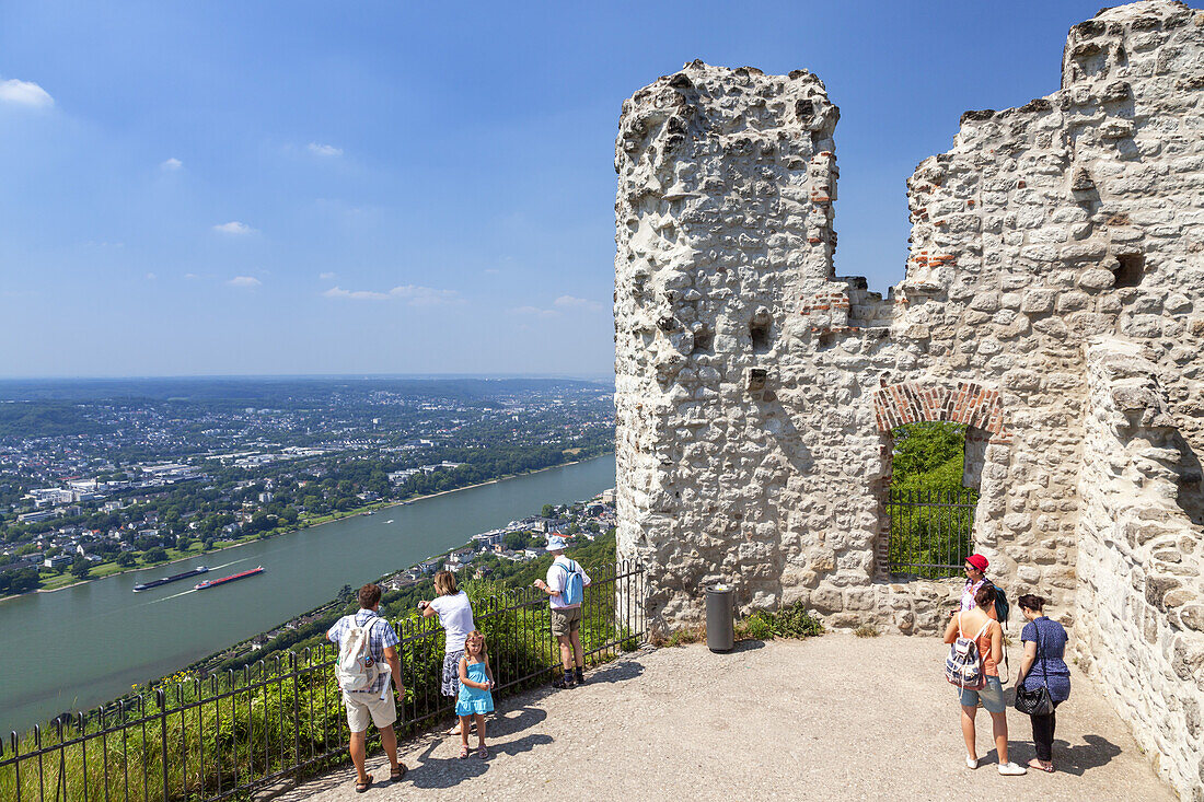 View from ruin of castle Burg Drachenfels over the Rhine to Koenigswinter, Middle Rhine Valley, North Rhine-Westphalia, Germany, Europe