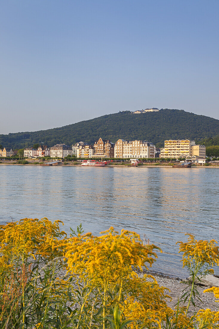 View over the river Rhine towards Koenigswinter and the Petersberg, Middle Rhine Valley, North Rhine-Westphalia, Germany, Europe