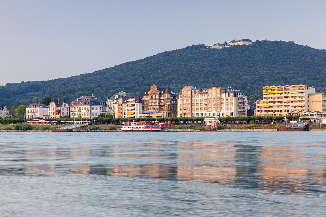 View over the river Rhine towards Koenigswinter and Petersberg, Middle Rhine Valley, North Rhine-Westphalia, Germany, Europe