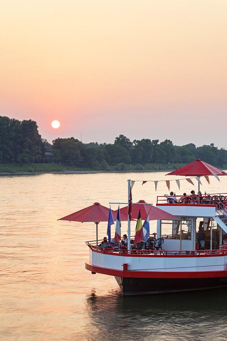 Sunset over the river Rhine and restaurant ship Alte Liebe, Koenigswinter, Middle Rhine Valley, North Rhine-Westphalia, Germany, Europe