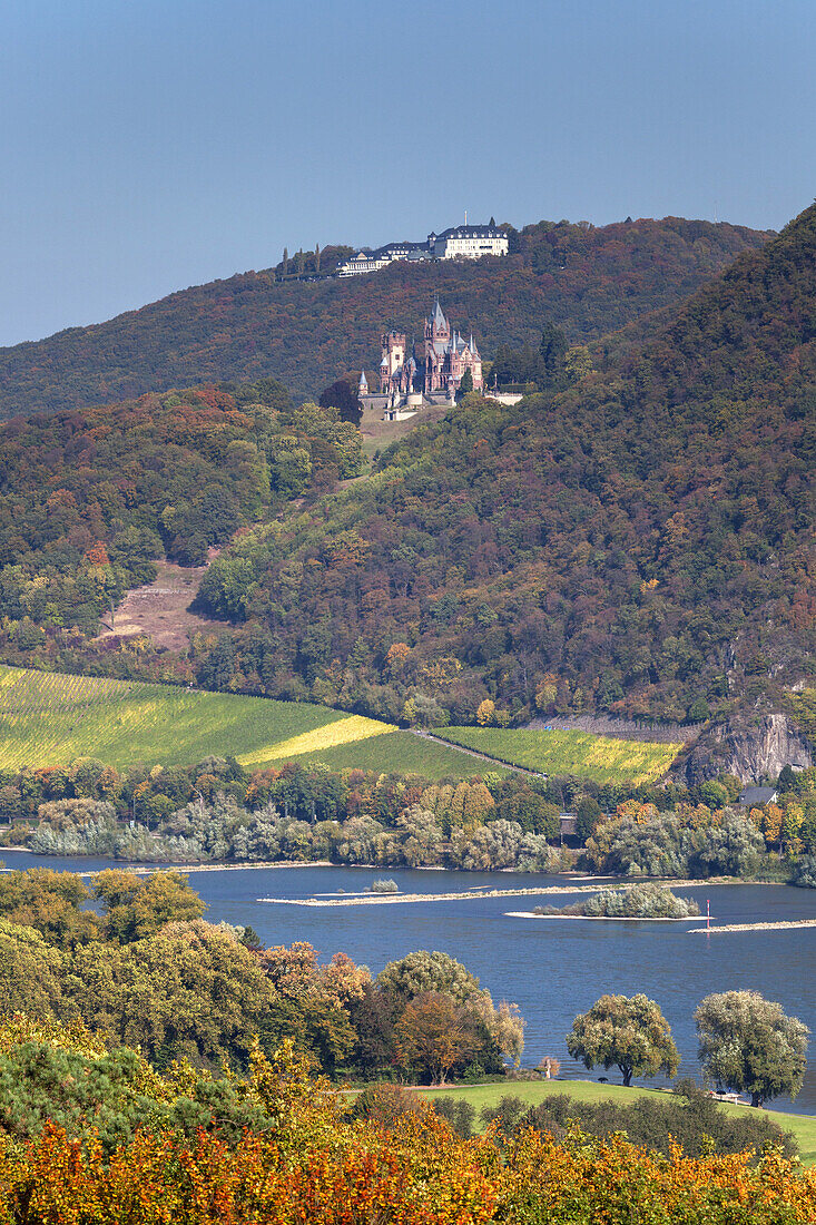 Heinrich view over the river Rhine of the Siebengebirge with Petersberg and castle Drachenburg on the Drachenfels, Rolandswerth, Remagen, Middle Rhine Valley, North Rhine-Westphalia, Germany, Europe