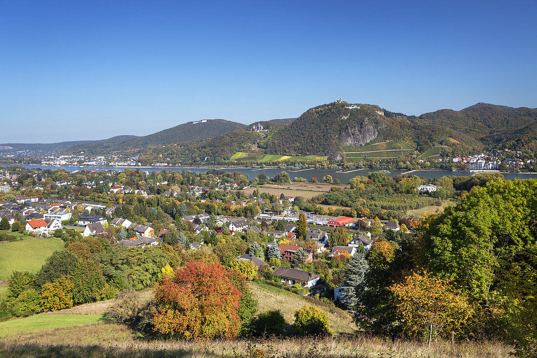 Heinrich view over the river Rhine of the Siebengebirge with Petersberg and castle Drachenburg on the Drachenfels, Rolandswerth, Remagen, Middle Rhine Valley, North Rhine-Westphalia, Germany, Europe