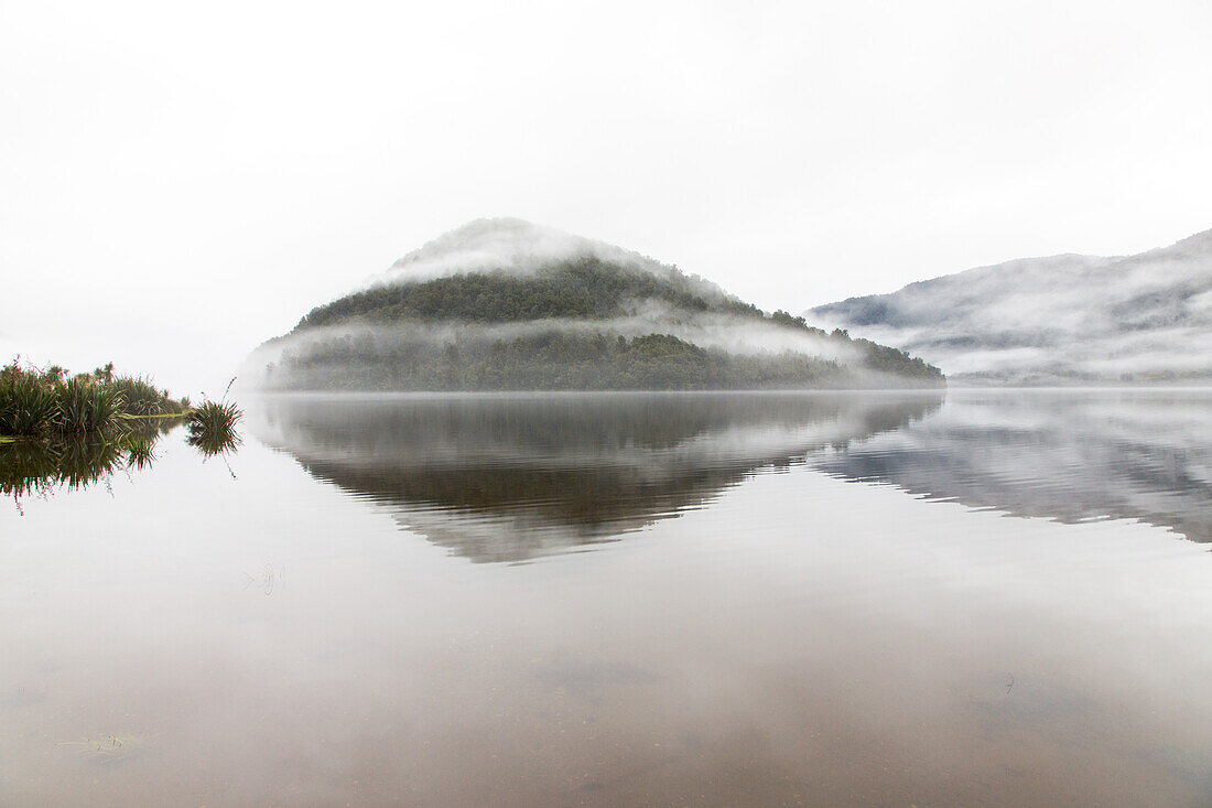 Morgennebel, Nebelfetzen, bewaldete Hügel, Niemand, Lake Paringa, monochrom, Westland, Südinsel, Neuseeland