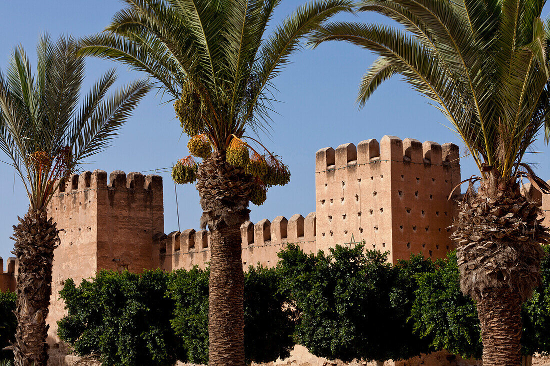 Old city wall and ramparts and ceramic welcoming sign, Taroudant, Morocco