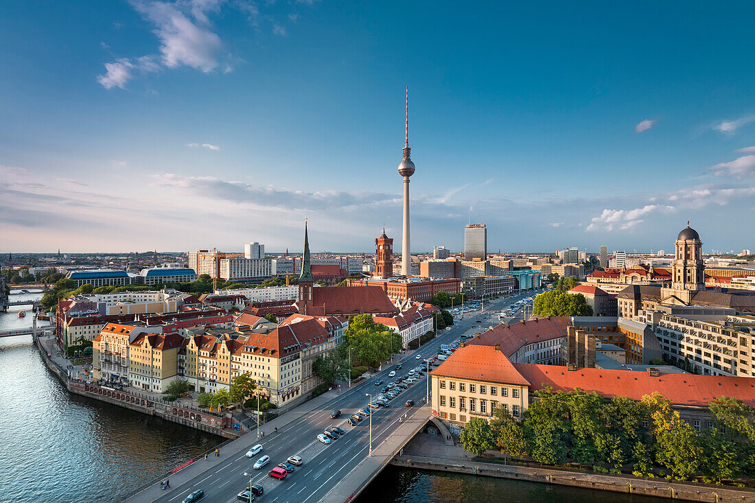 Overview, Spree River, Nikolai Quarter and Television tower, Berlin, Germany