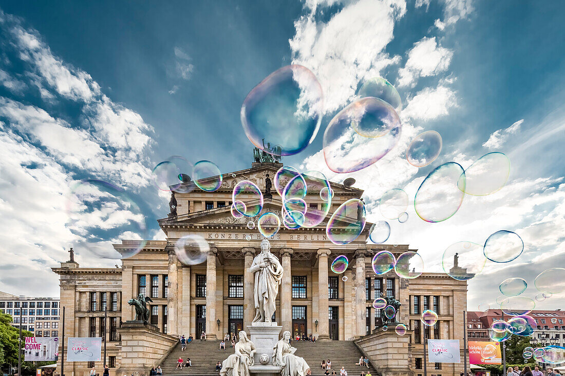 Soap bubbles in front of the concert hall, Gendarmenmarkt, Berlin, Germany