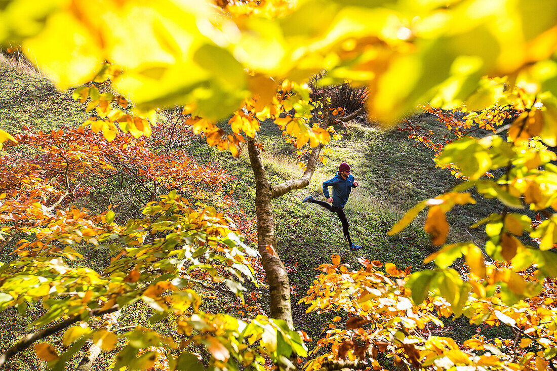 Young man running through a colorful autumn forest, Allgaeu, Bavaria, Germany