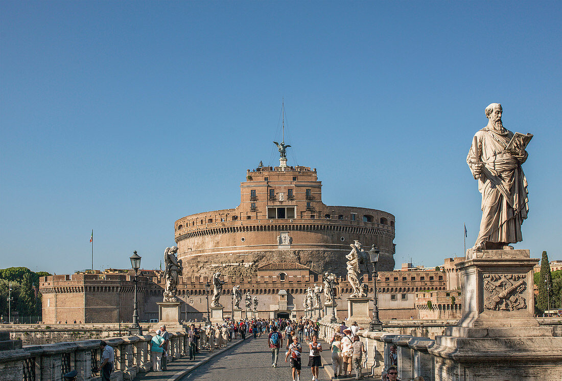 Sant Angelo Castle and statues under blue sky, Rome, Lazio, Italy