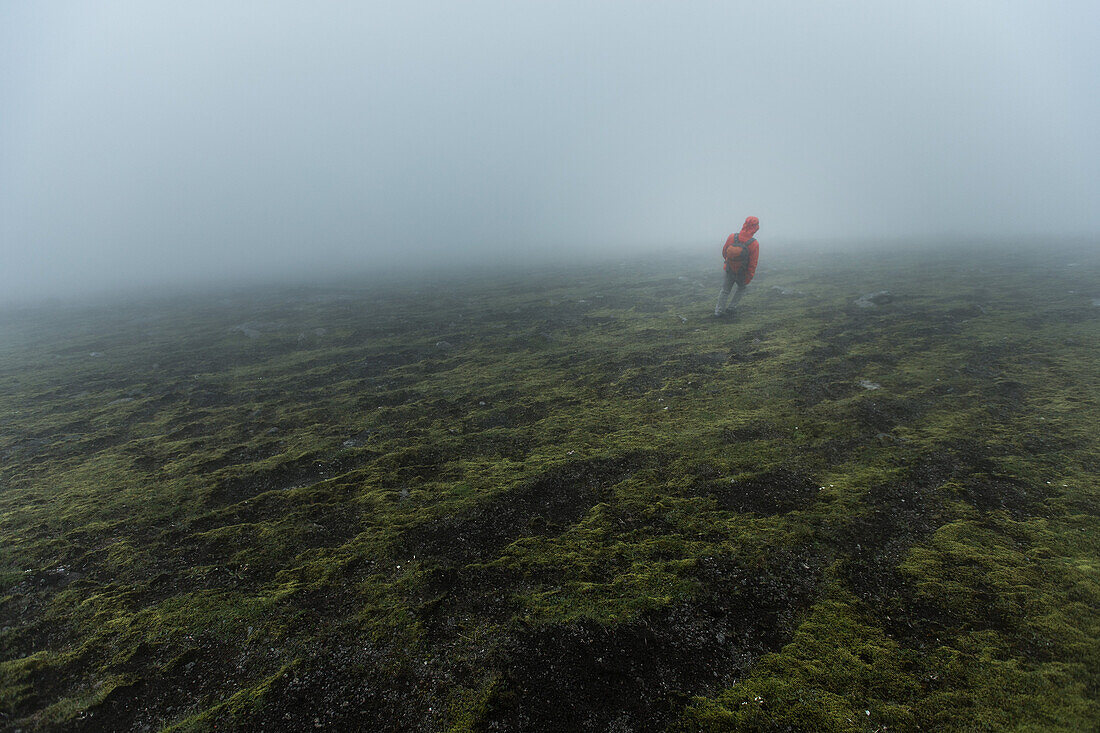 Person läuft über ein nebelverhangenes Feld, Färöer Inseln