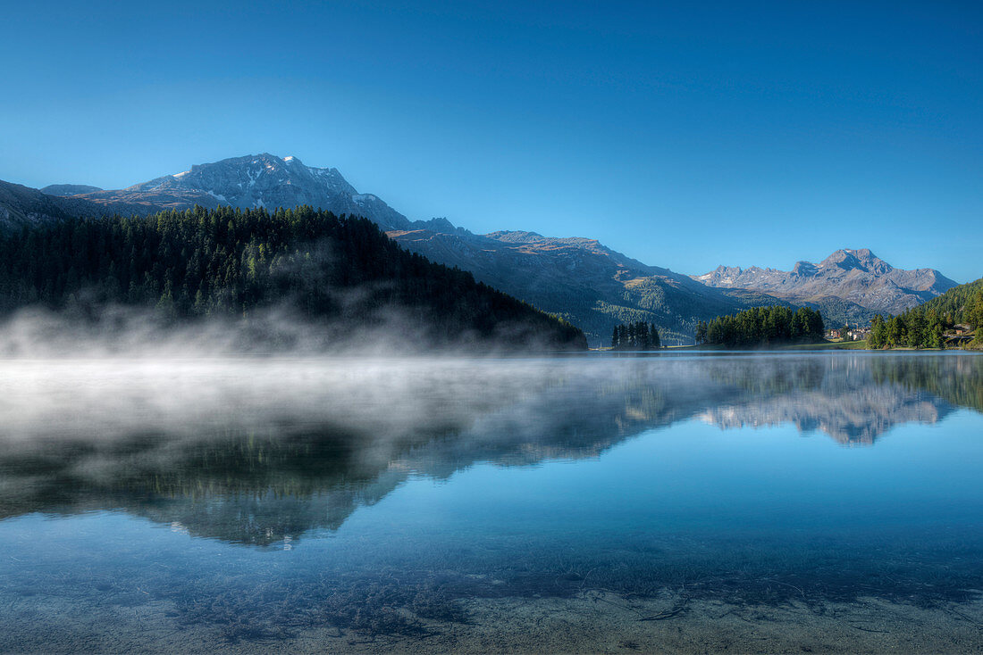 Lake Champfer with Corvatsch and Piz da la Margna, Champfer, Engadine, Canton Grisons, Switzerland