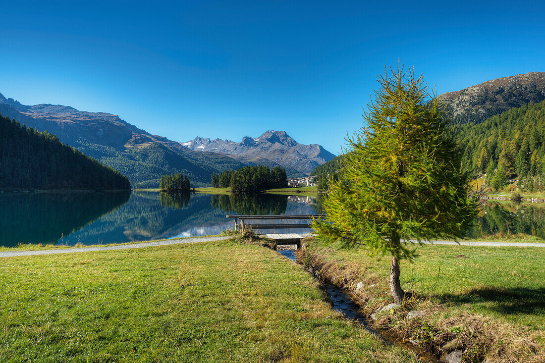 Lake Champfer with Silvaplana and Piz da la Margna, Champfer, Engadine, Canton Grisosn, Switzerland